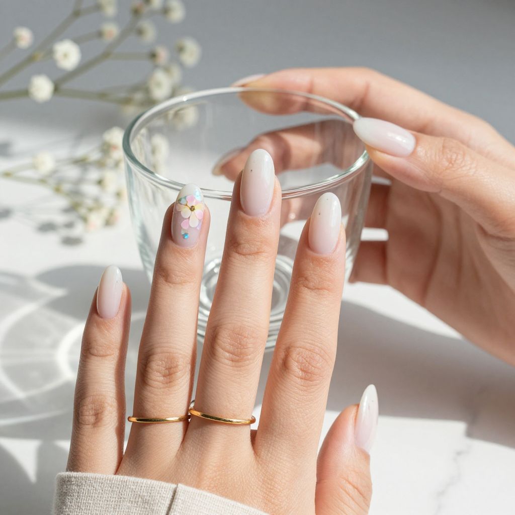 Milky white almond nails with dried flower flakes