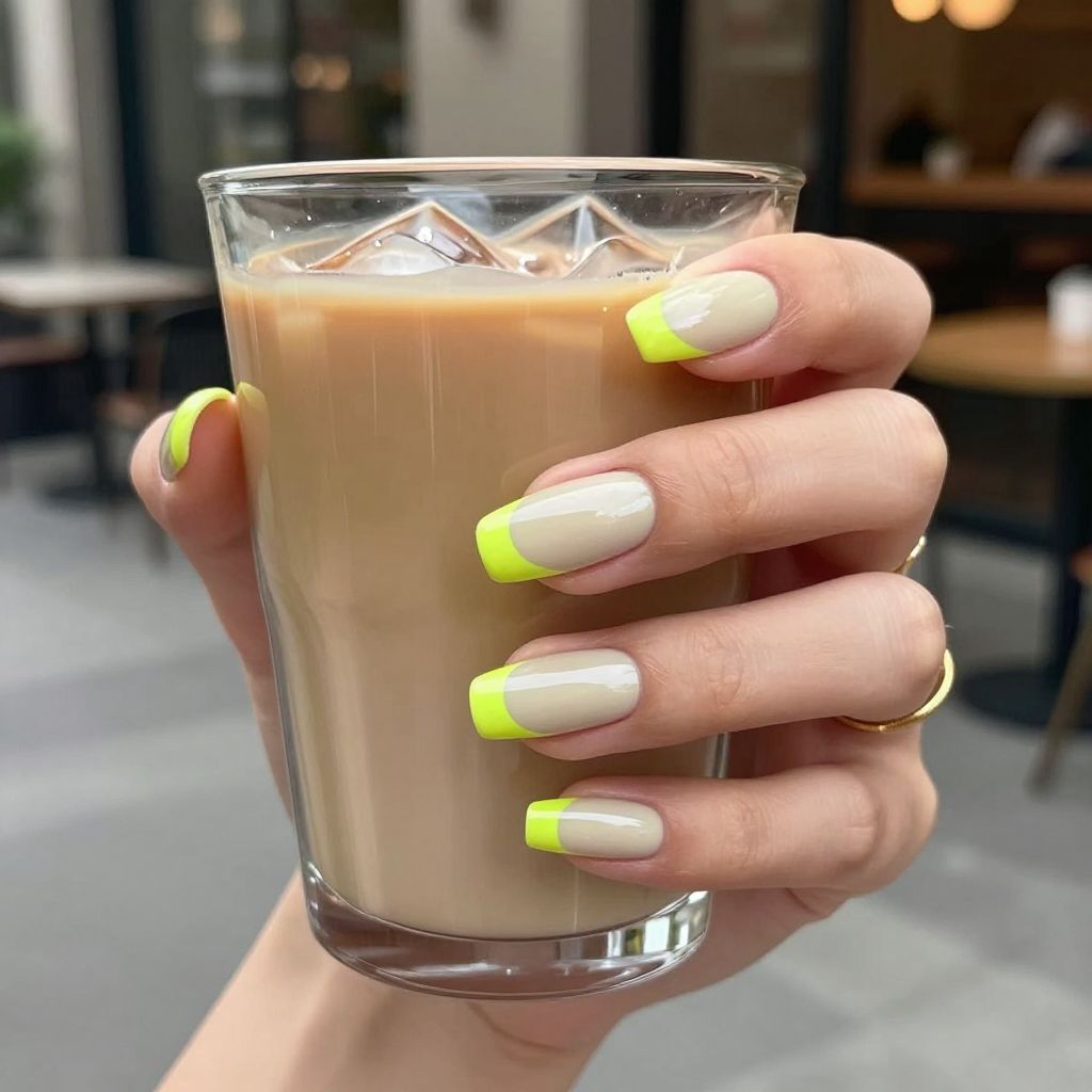 Almond nude nails with neon lime French tips