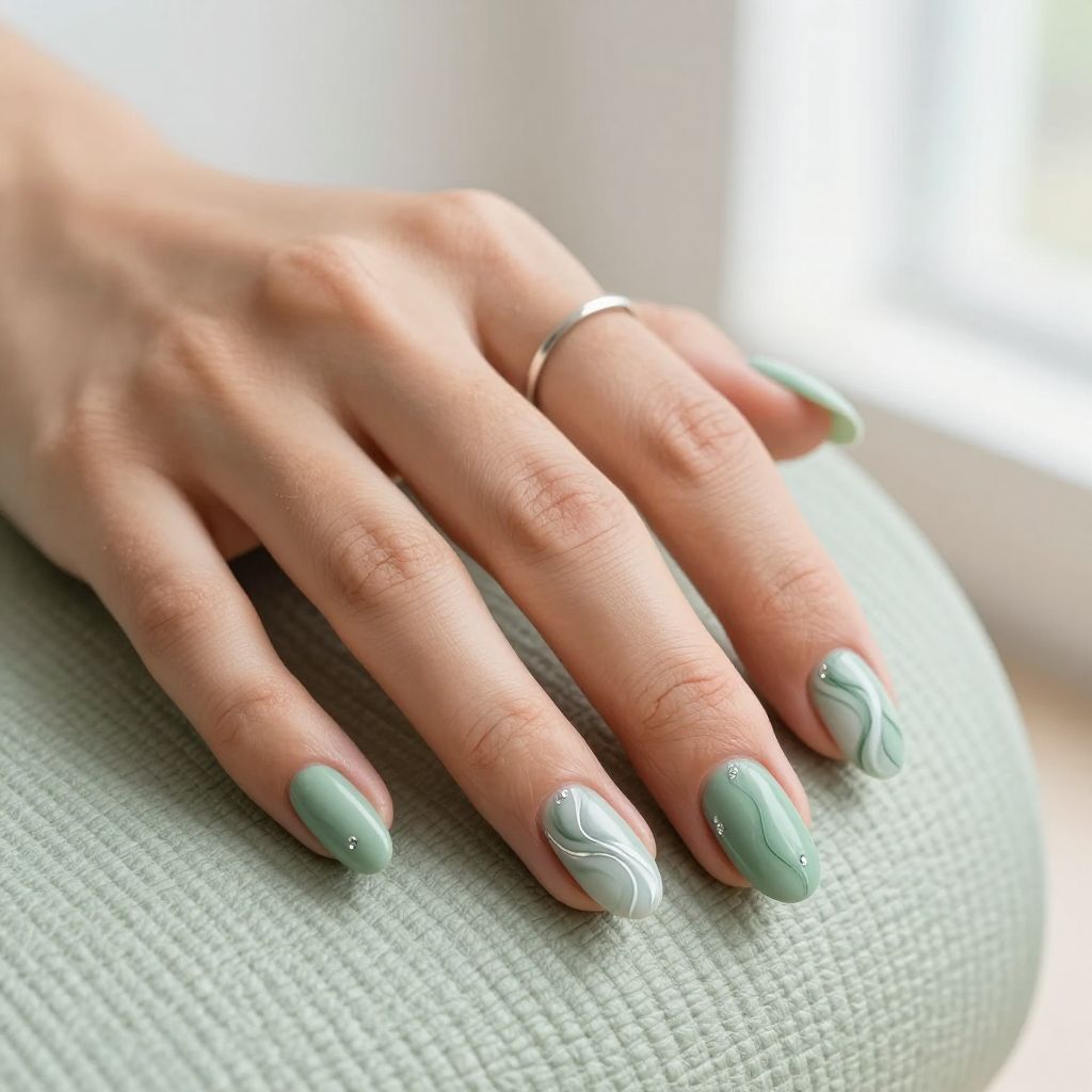 Muted sage almond nails with white and silver swirl design