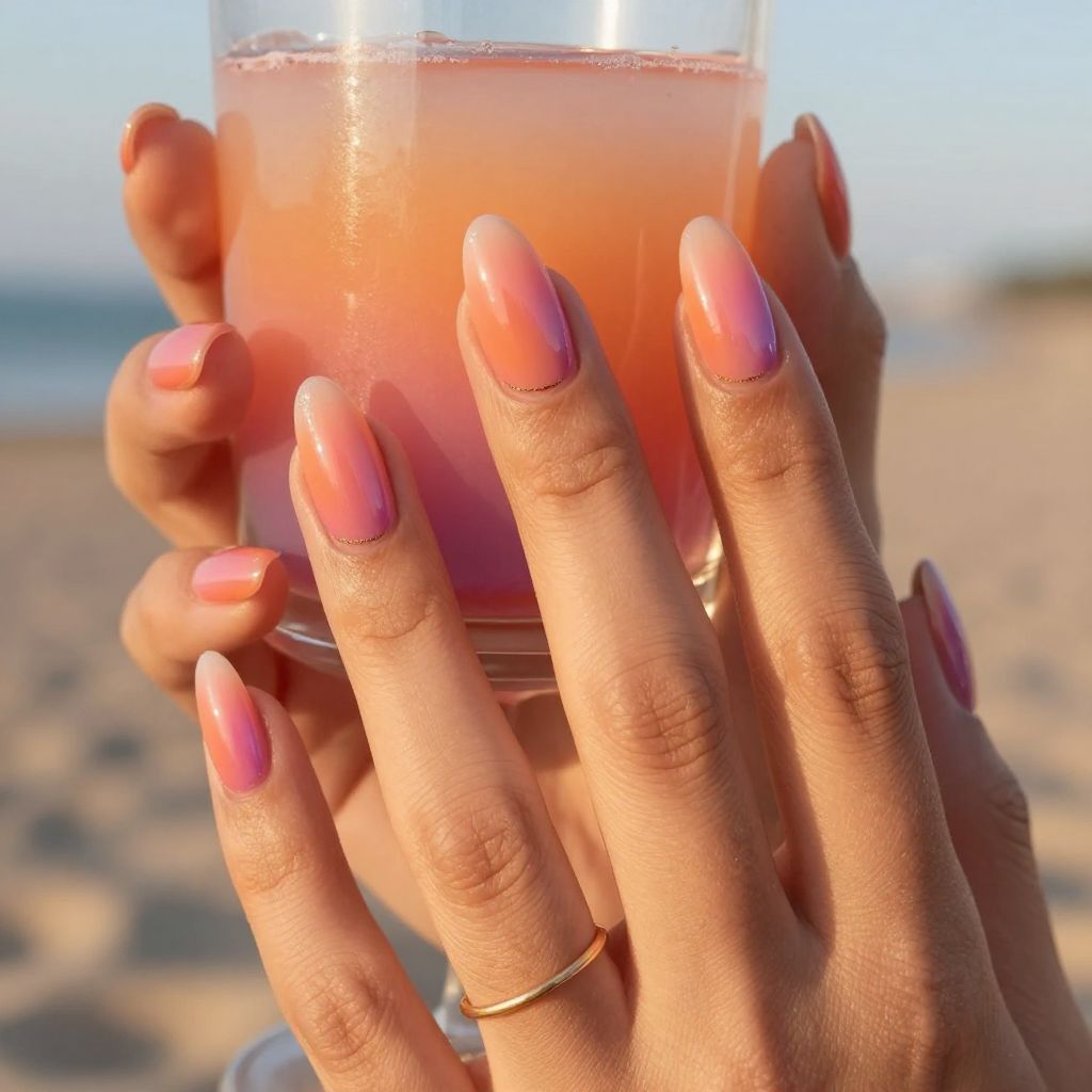 Sunset ombre almond nails blending coral pink and violet