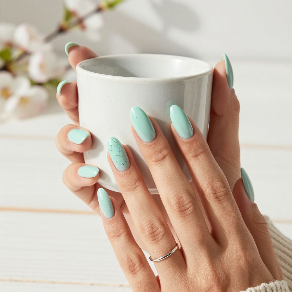 Pastel almond nails with black speckle design