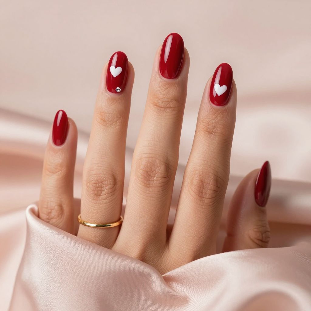 Cherry red almond nails with tiny white heart detail
