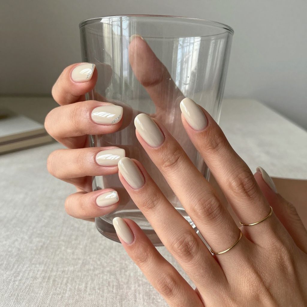 Creamy nude glossy almond nails