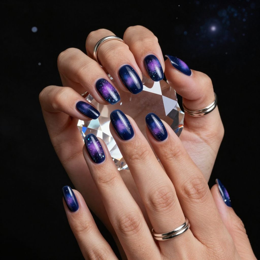 Navy almond nails with holographic galaxy design