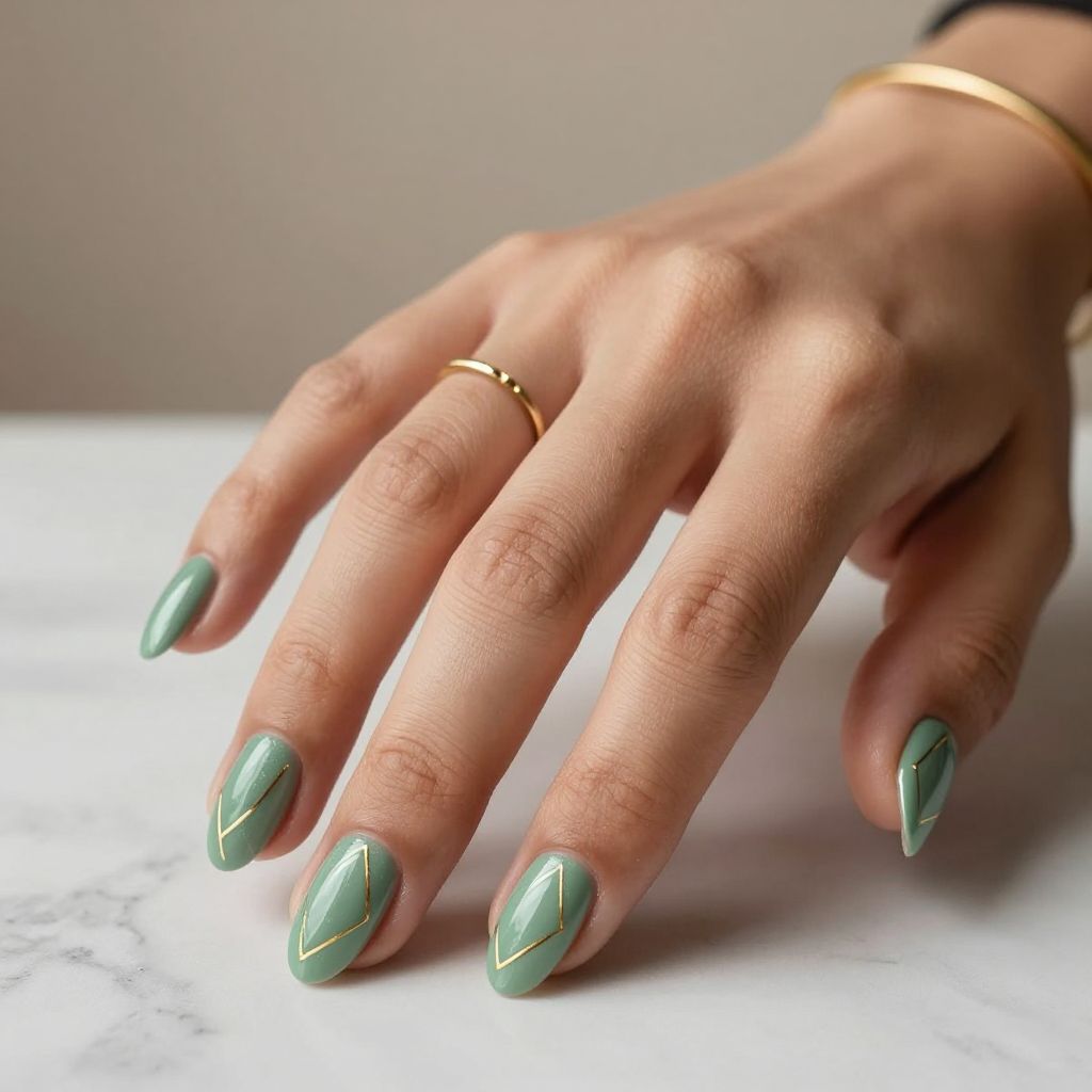 Sage Green with Gold Geometric Patterns Almond Nails