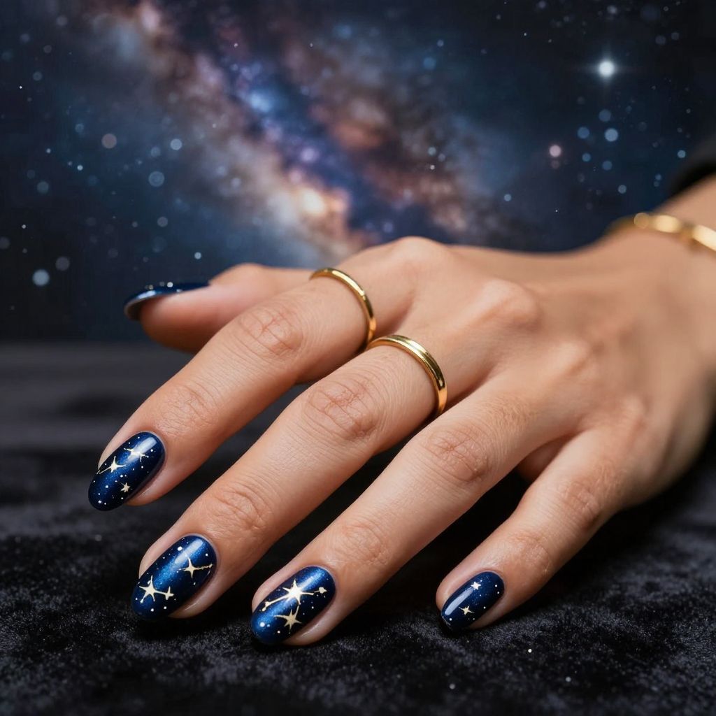Deep Navy with Star Constellation Almond Nails