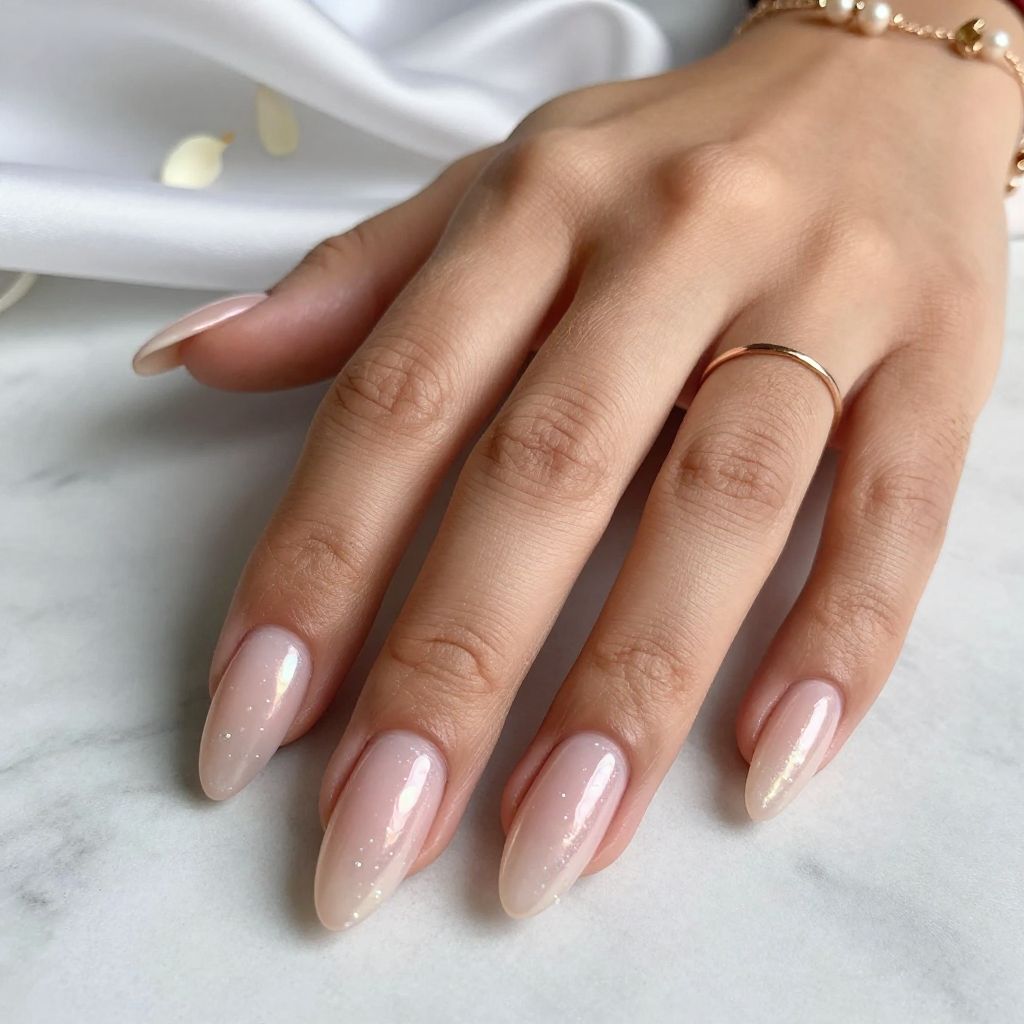 Blush Pink with Pearl Finish Almond Nails