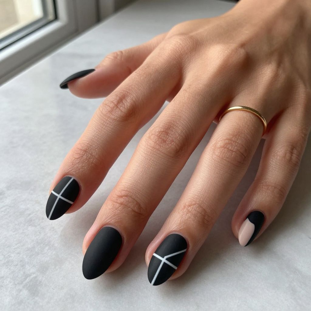Black with White Geometric Lines Almond Nails