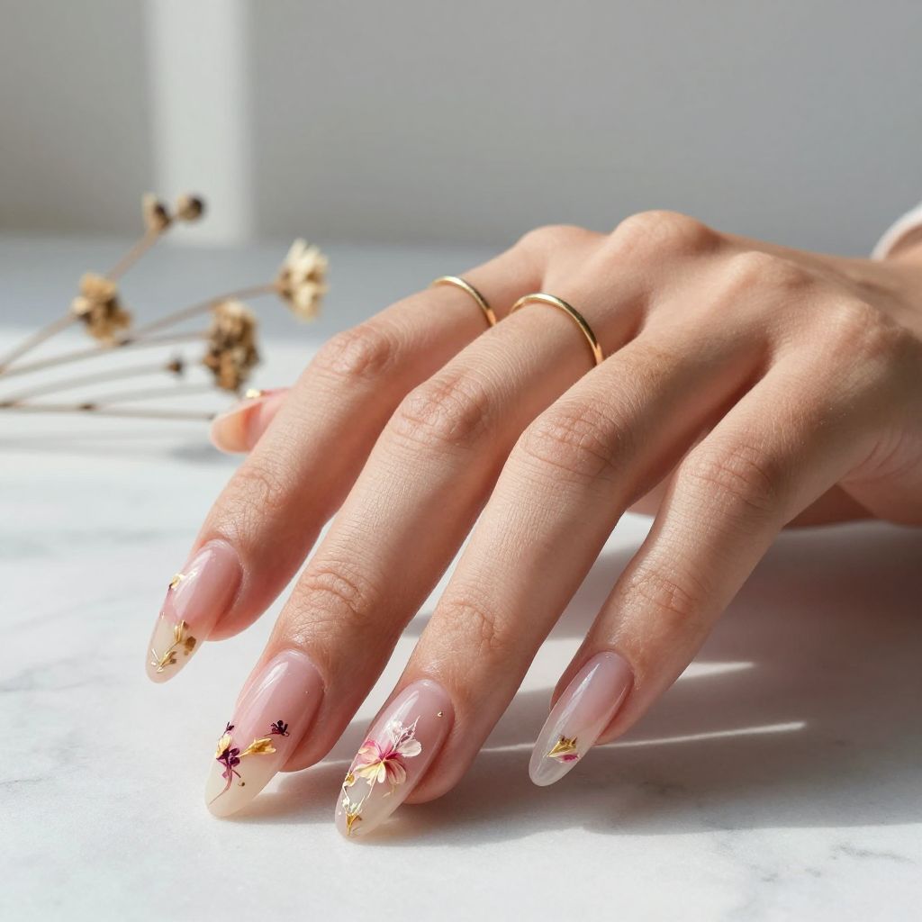 Translucent Pink with Embedded Flowers Almond Nails