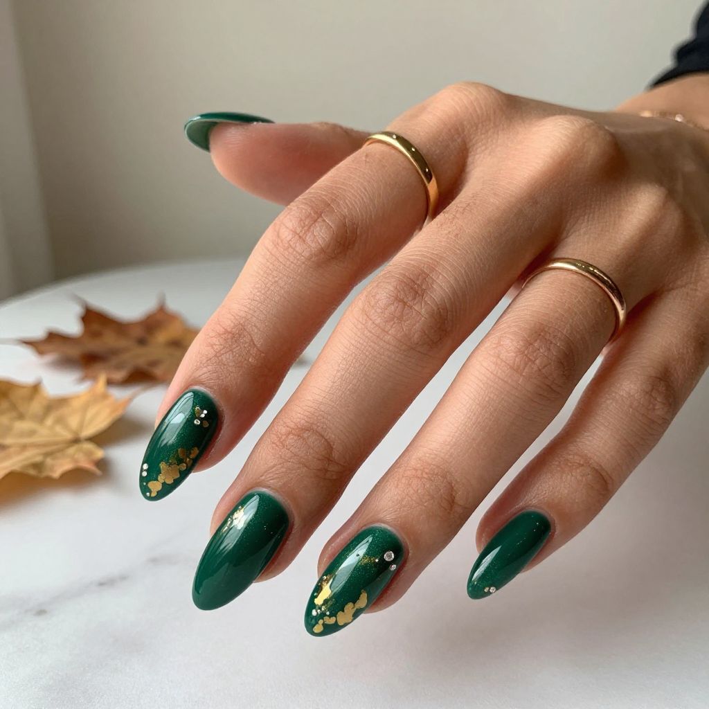 Deep Emerald with Gold Leaf Almond Nails