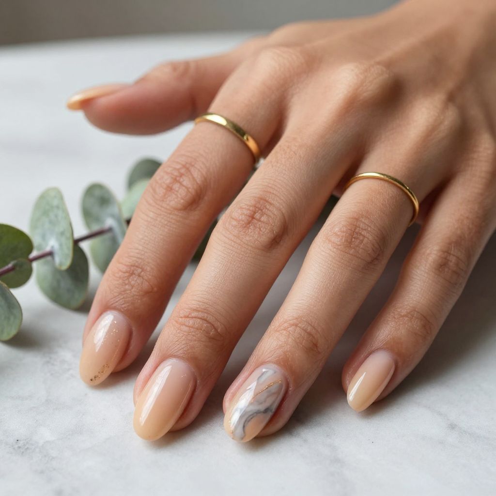 Peachy Nude with Marble Swirl Almond Nails
