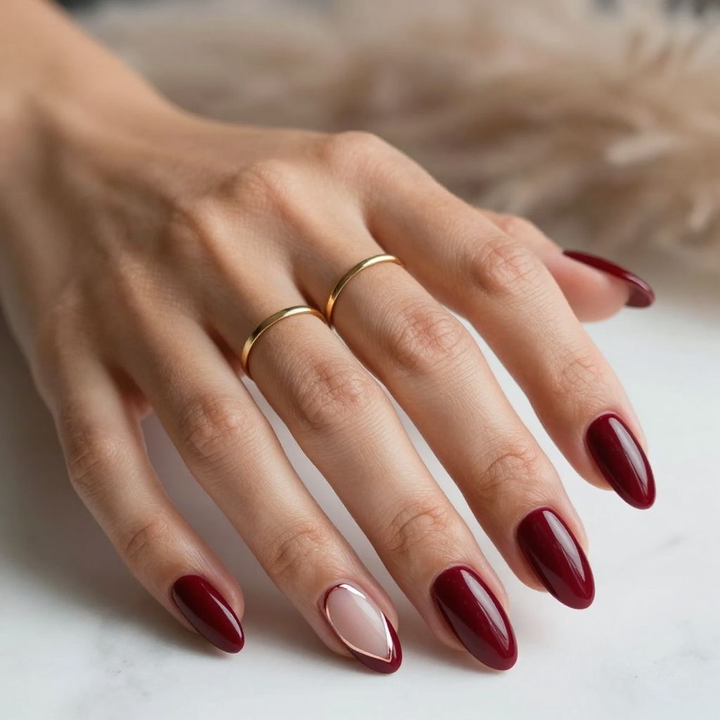 Burgundy with Negative Space Accent Almond Nails