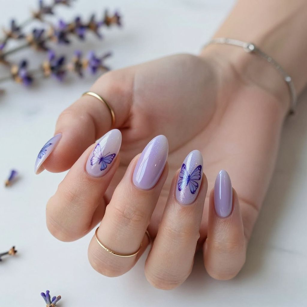 Soft Lavender with Butterfly Accents Almond Nails