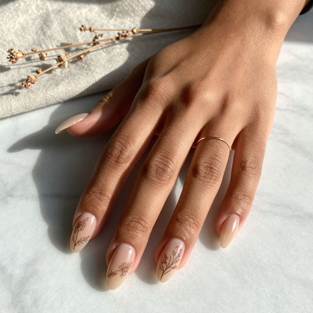 Nude with Delicate Floral Line Art Almond Nails
