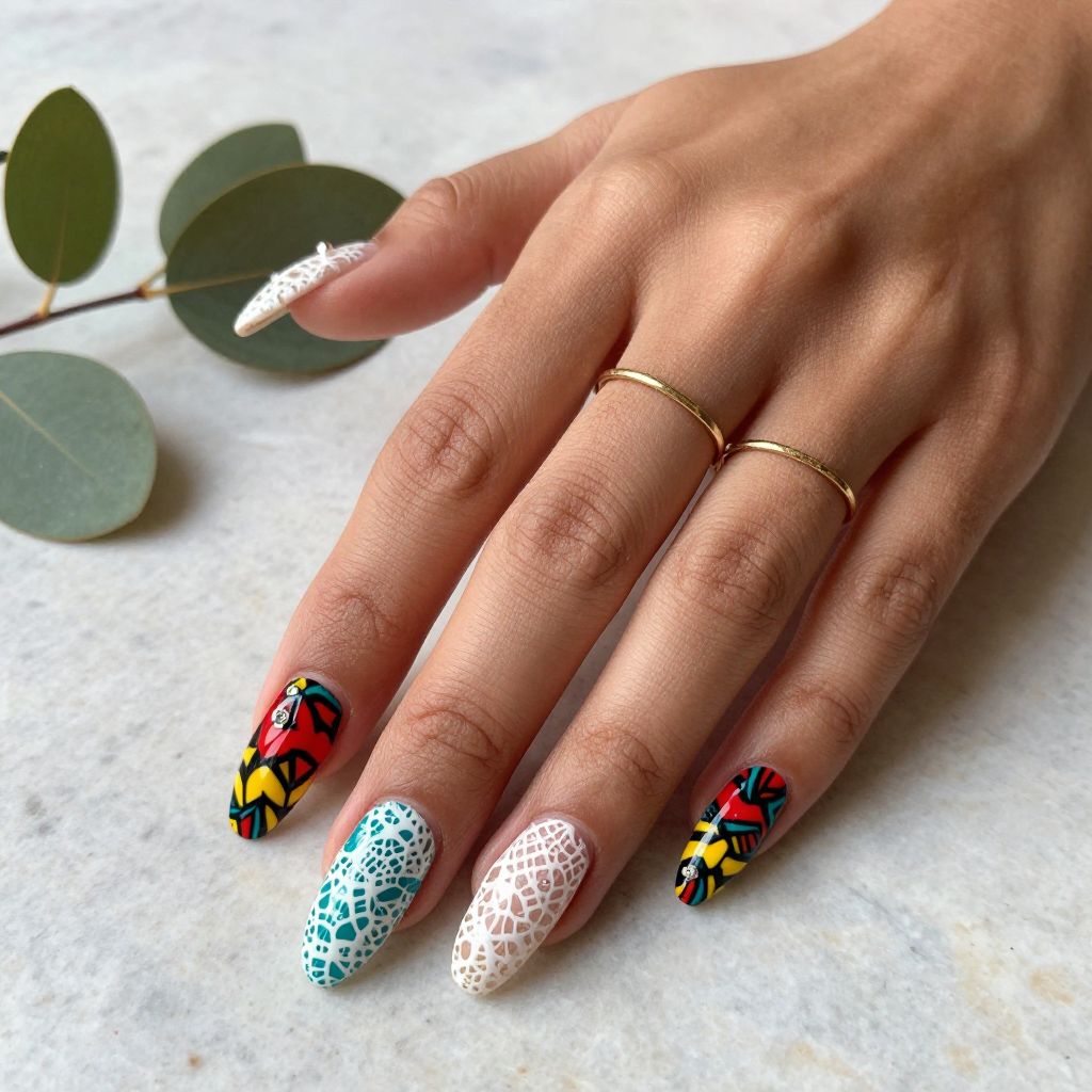 Ankara and Lace Combination Nails