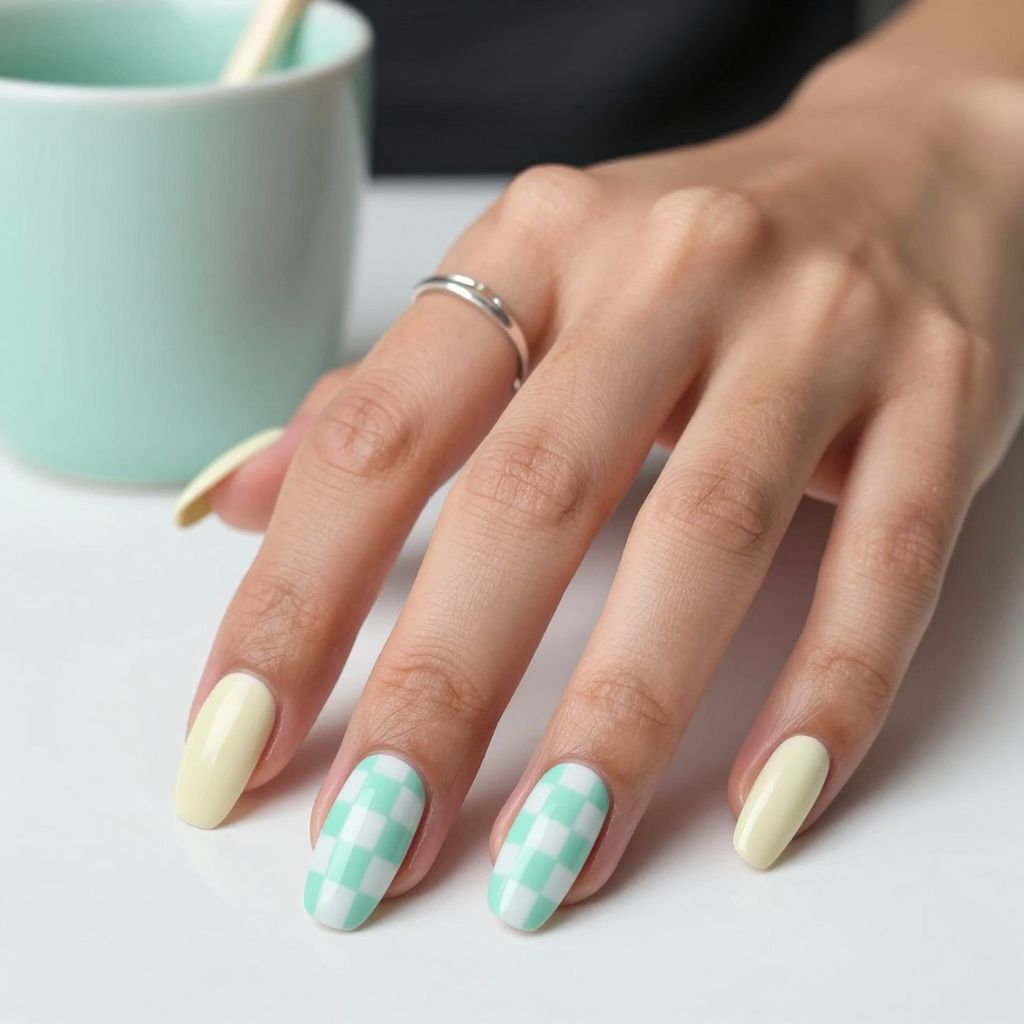 Minty checkerboard nails