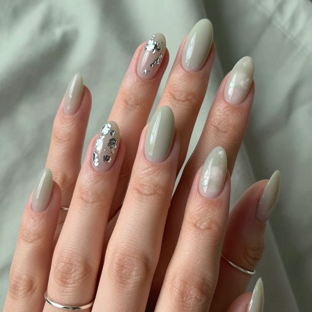 Soft sage cloud nails with silver foil