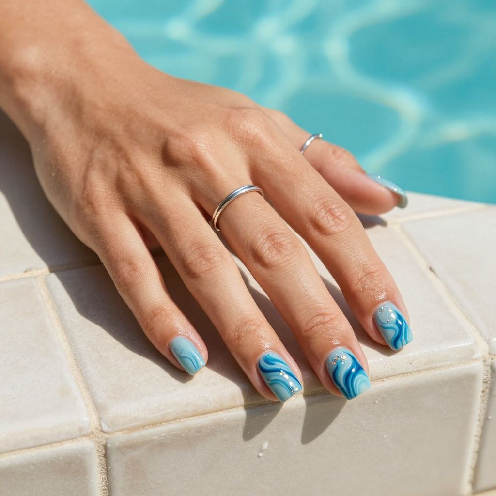 Blue ripple marble nails