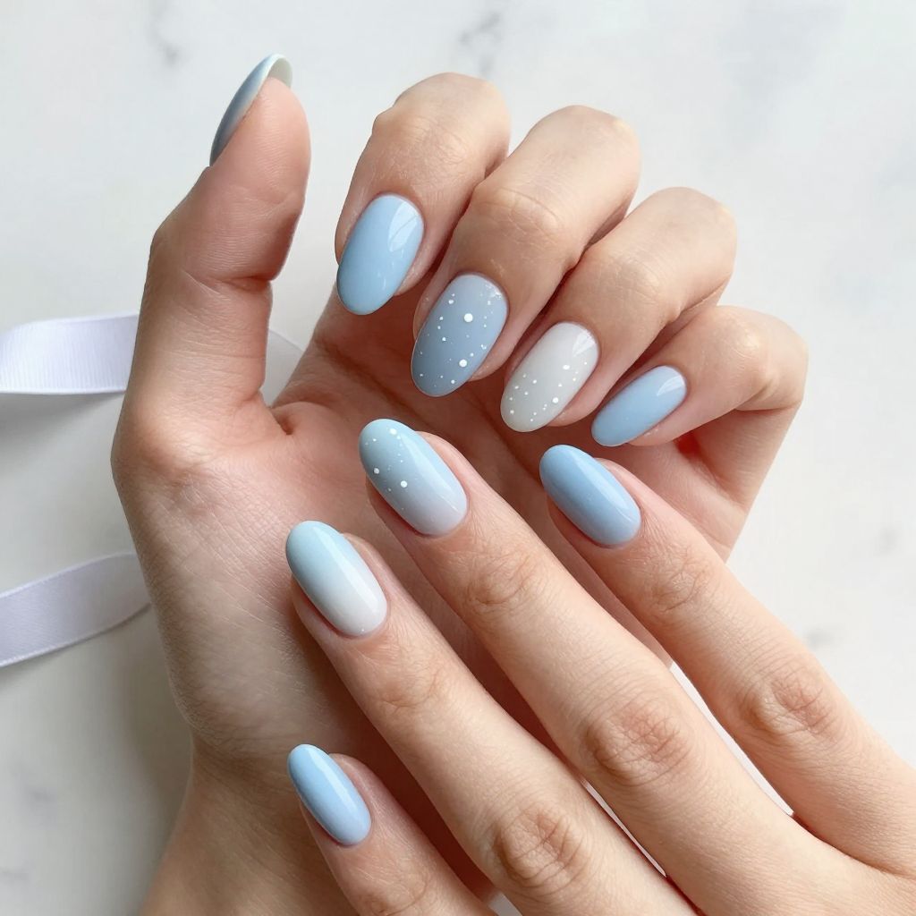 Baby Boy Nail Ideas - Soft Blue Ombre with White Details