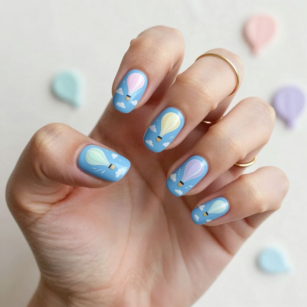 Baby Boy Nail Ideas - Sky Blue with Hot Air Balloons