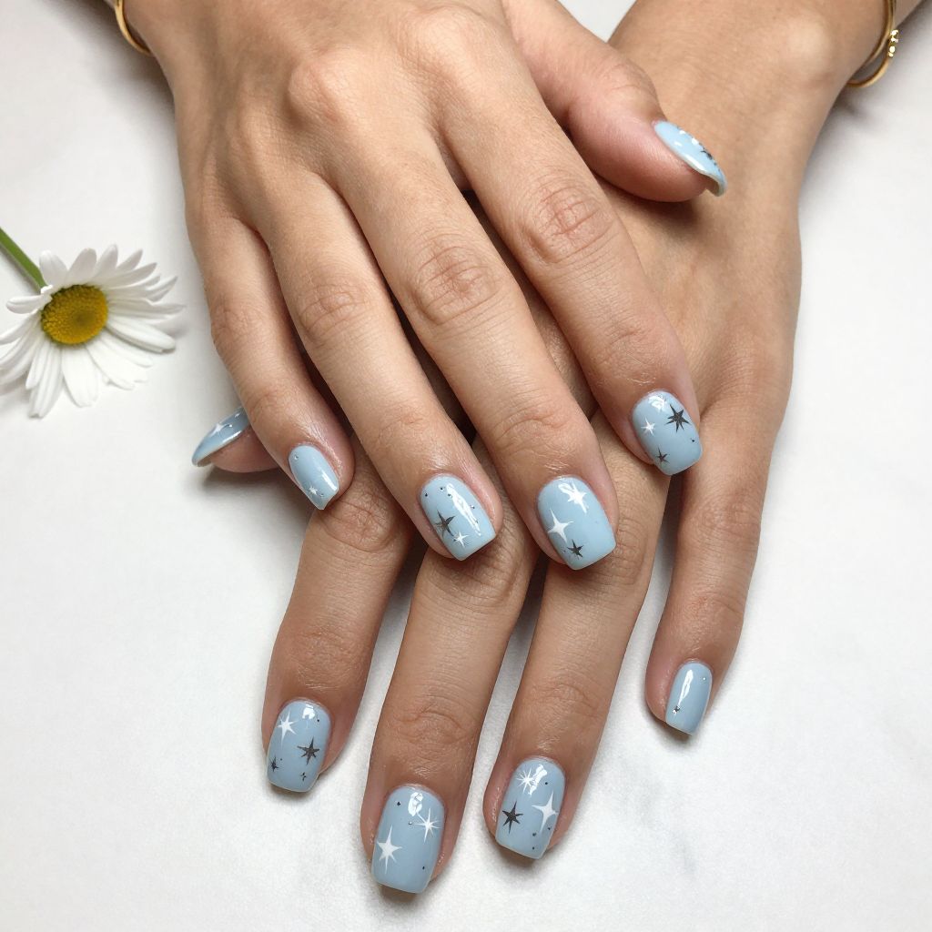 Baby Boy Nail Ideas - Soft Blue with Starburst Accents