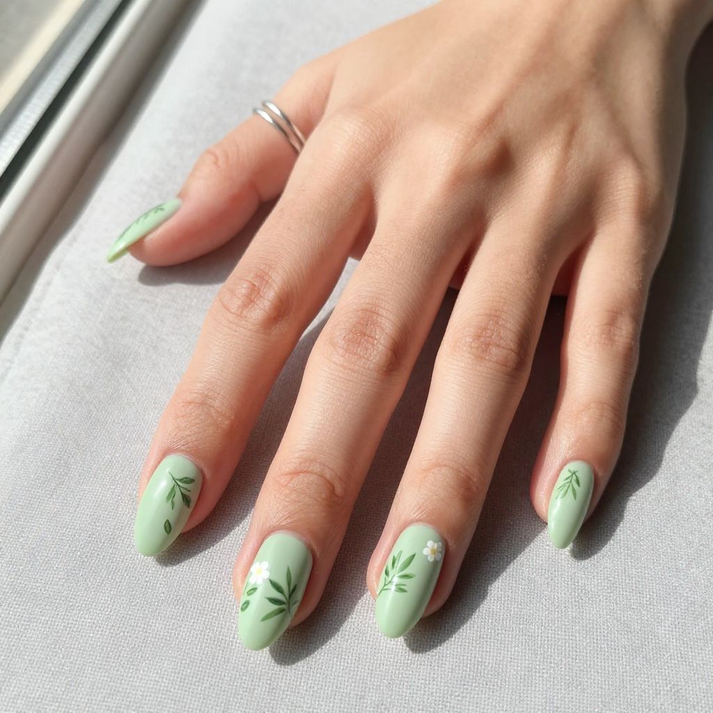Baby Boy Nail Ideas - Pale Green with Tiny Leaf Details