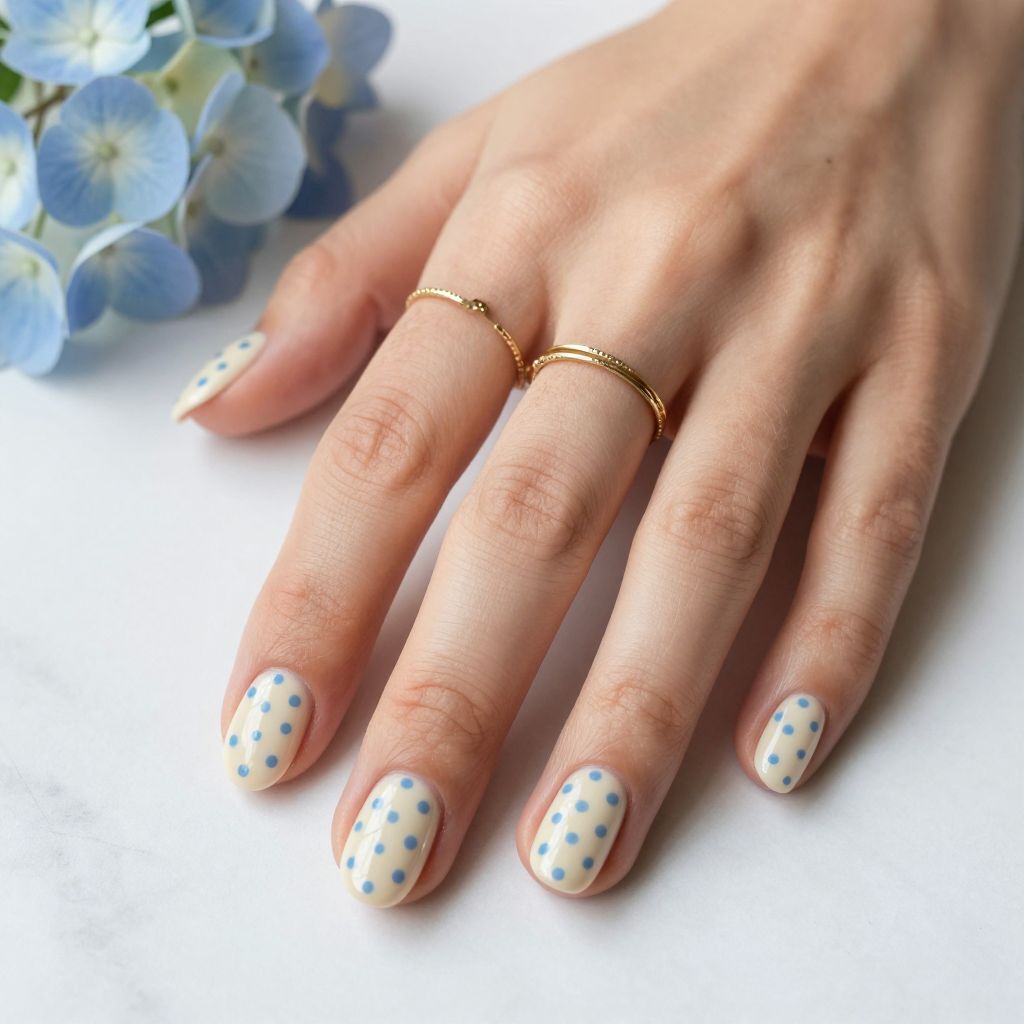 Baby Boy Nail Ideas - Cream with Blue Polka Dots