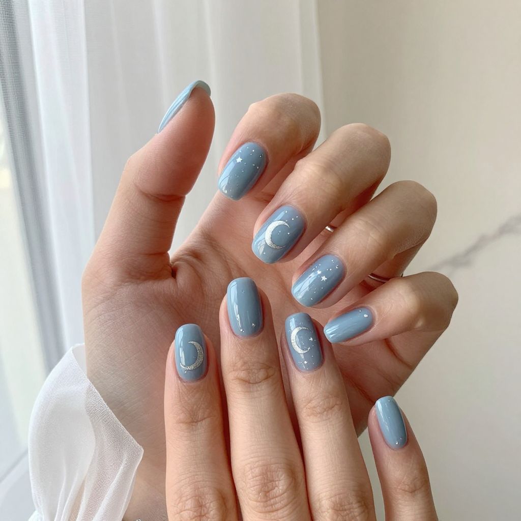 Baby Boy Nail Ideas - Light Blue with Moon and Stars