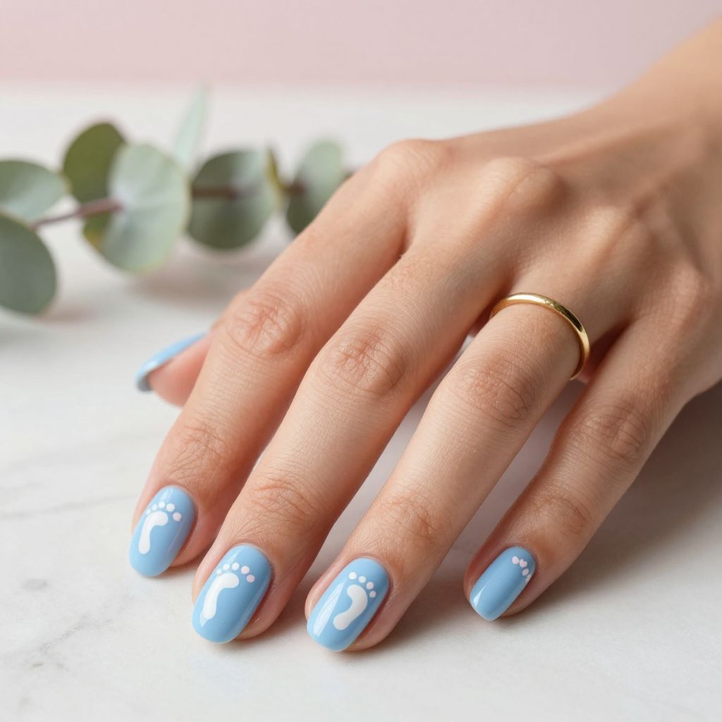 Baby Boy Nail Ideas - Soft Blue with Baby Footprints