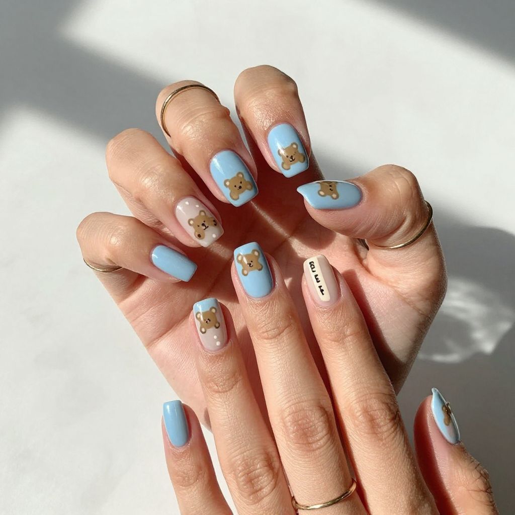 Baby Boy Nail Ideas - Light Blue with Teddy Bear Art