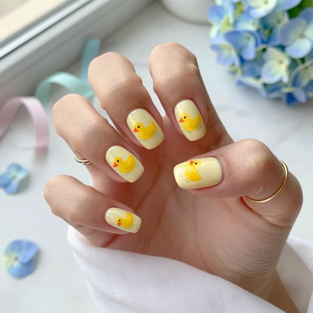 Baby Boy Nail Ideas - Pale Yellow with Rubber Ducky Motifs