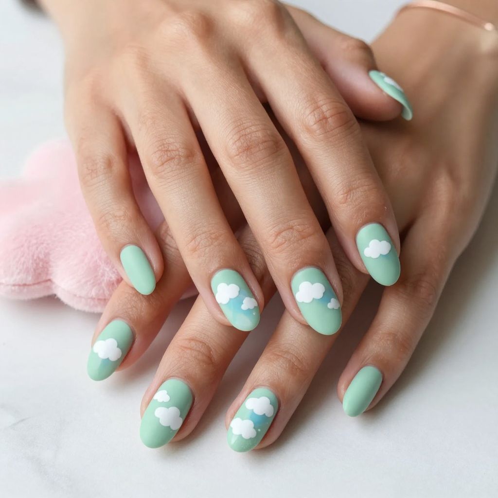 Baby Boy Nail Ideas - Mint Green with Cloud Designs
