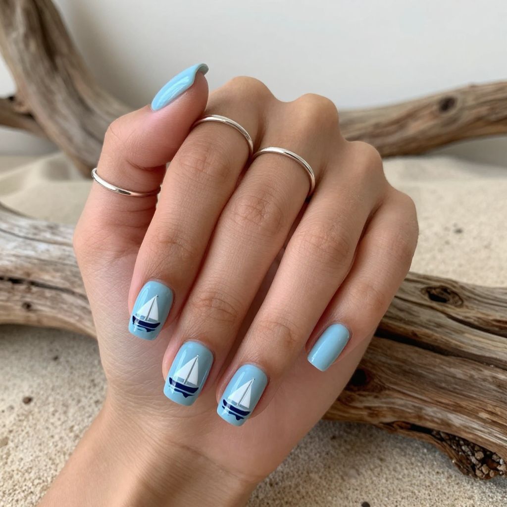 Baby Boy Nail Ideas - Pale Blue with Sailboat Accents