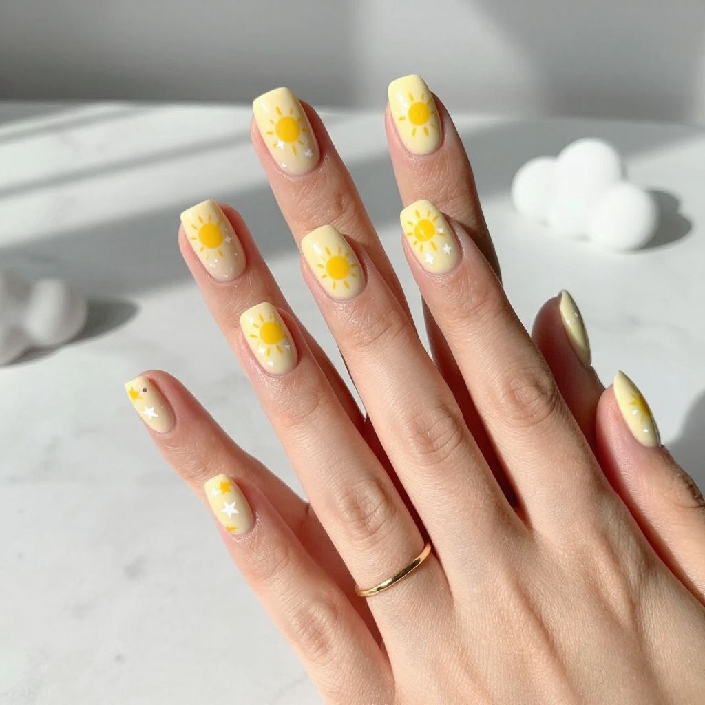 Baby Boy Nail Ideas - Pale Yellow with Sunshine and Stars