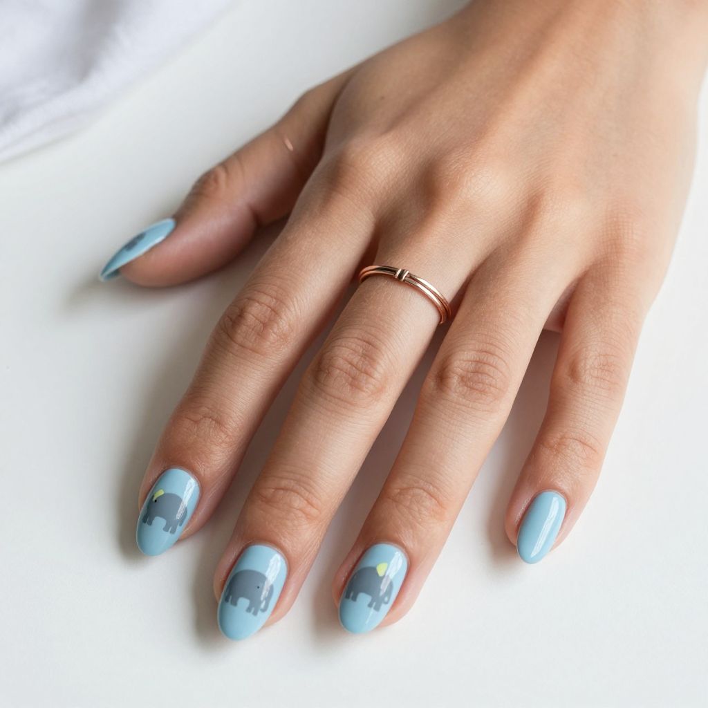 Baby Boy Nail Ideas - Light Blue with Elephant Silhouettes