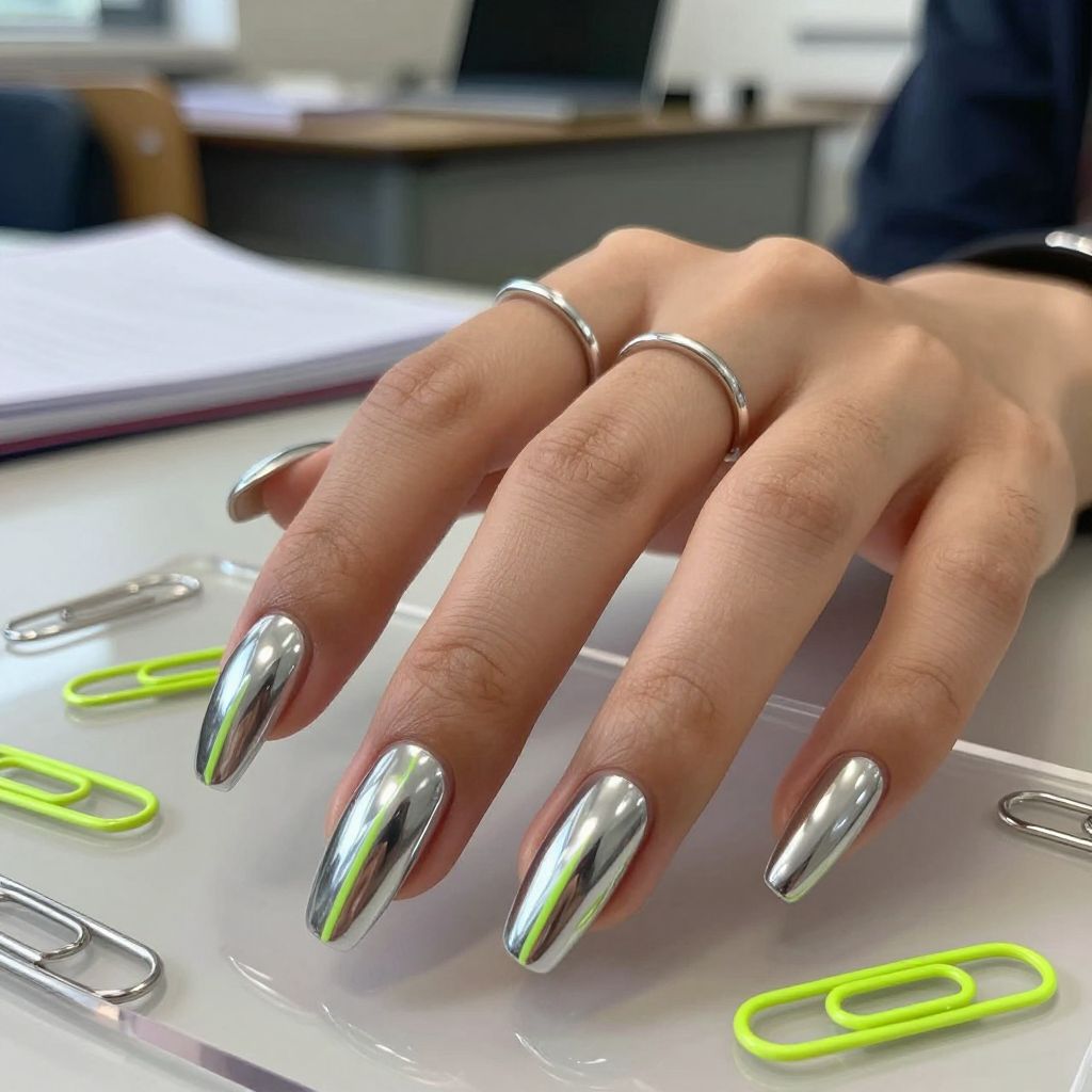 Metallic paperclip chrome nail design