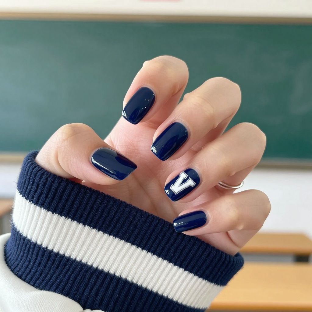 Varsity letter accent nail design