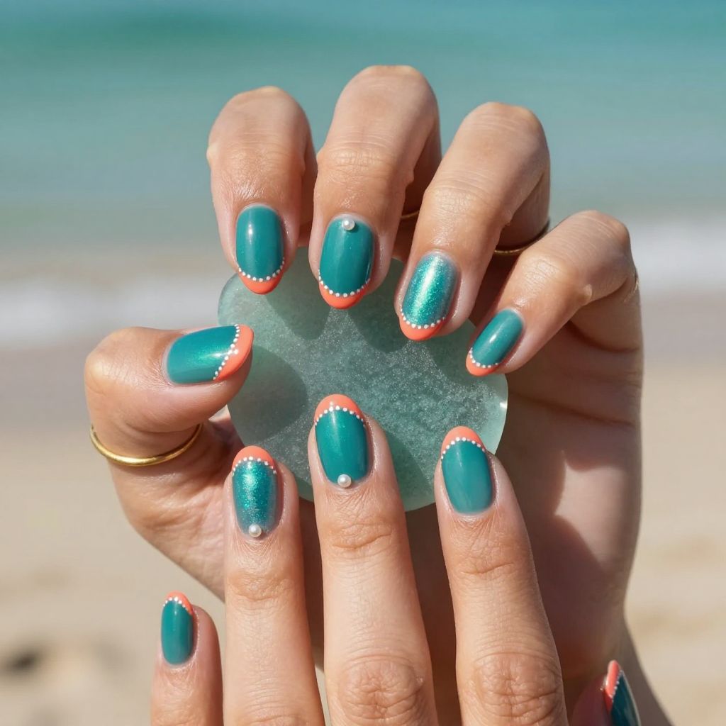 Coral reef splash beach nail design