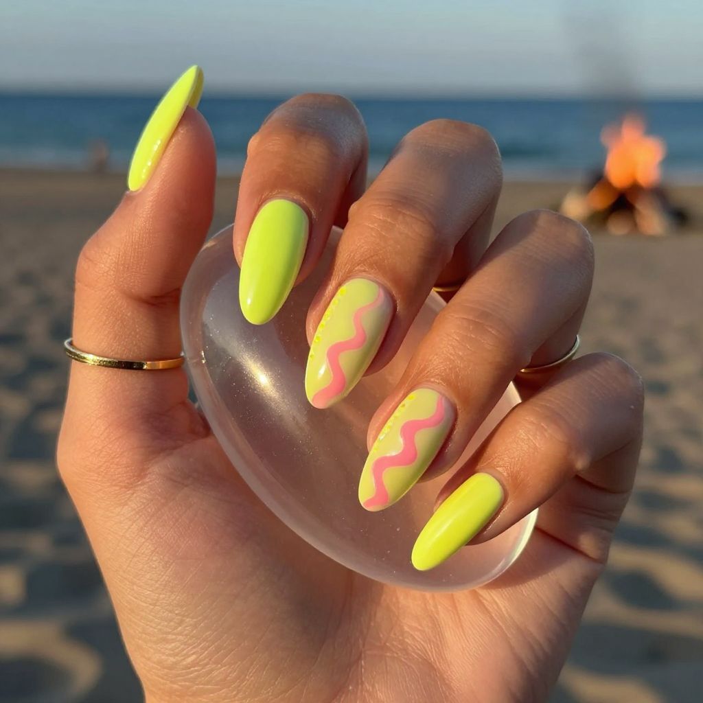 Neon tide glow beach nails