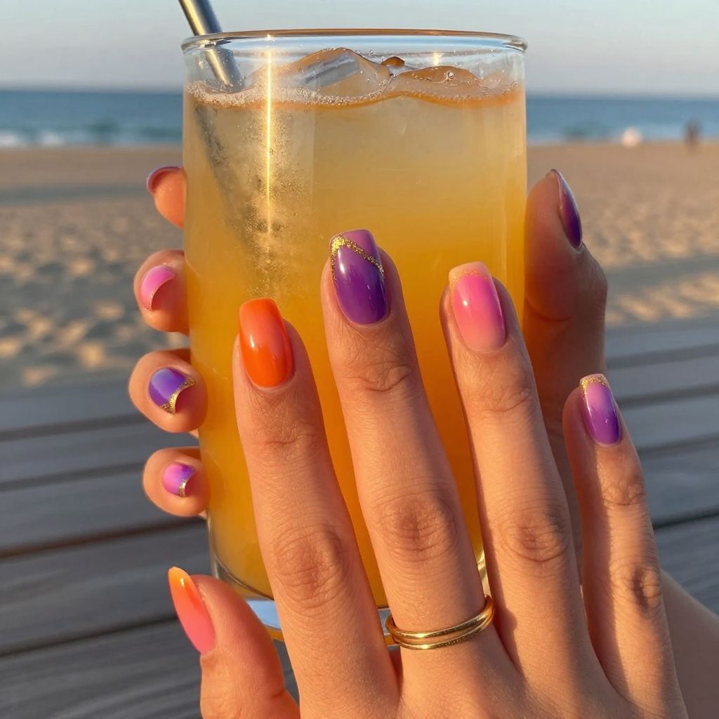 Sunset fade beach nail gradient