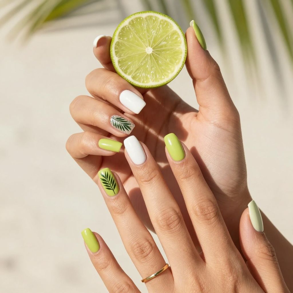 Palm leaf accent tropical nails