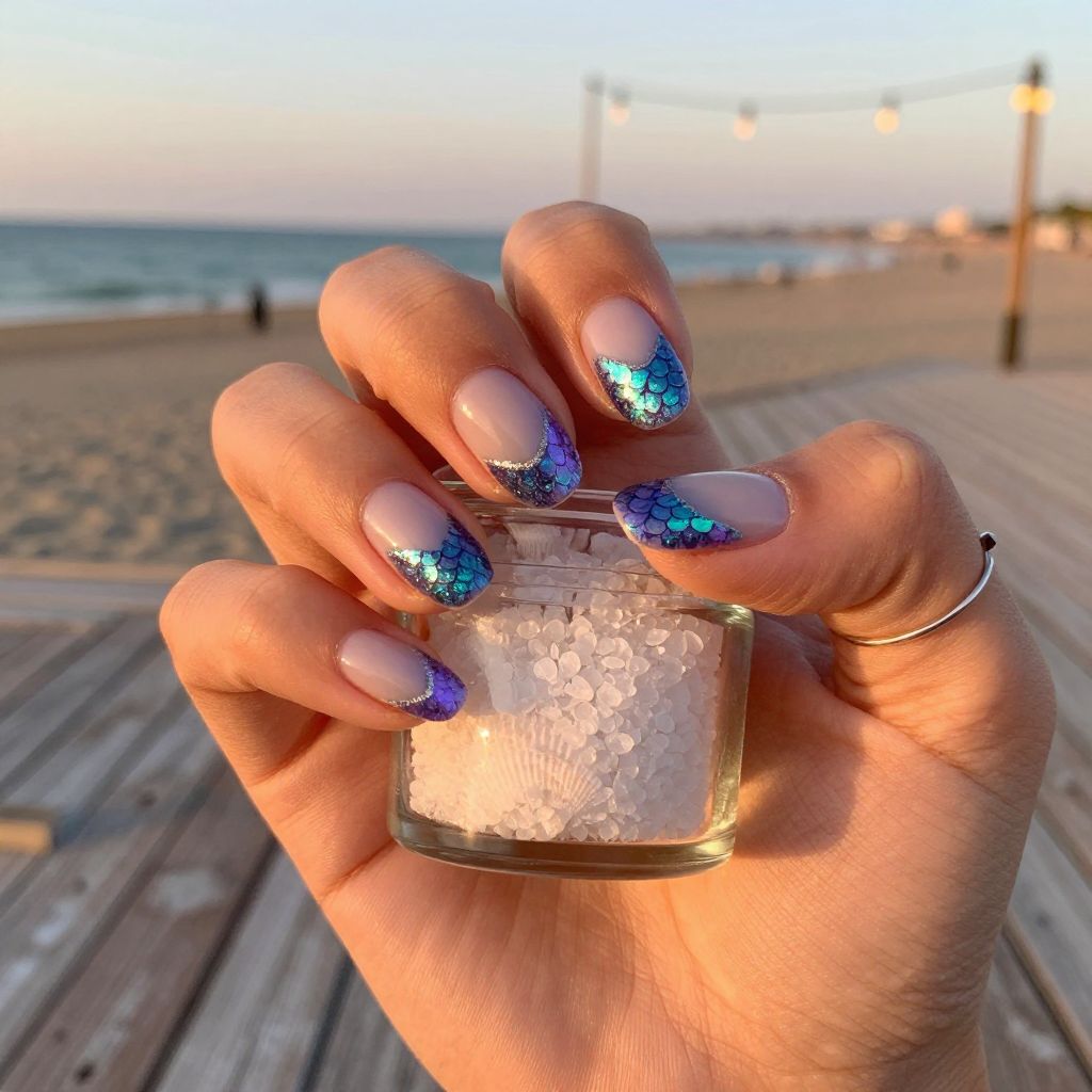 Mermaid scale glitter beach nails