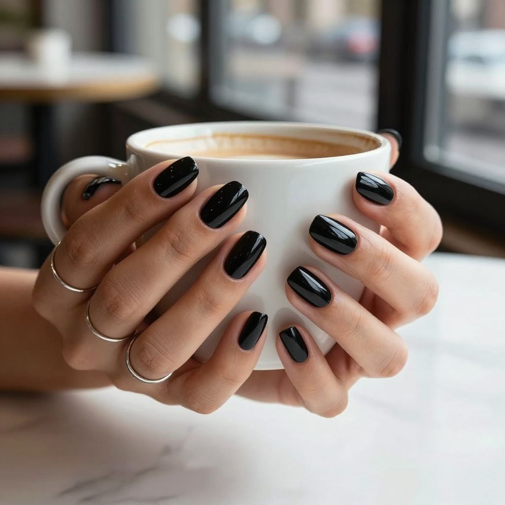 Glossy coffin black acrylic nails