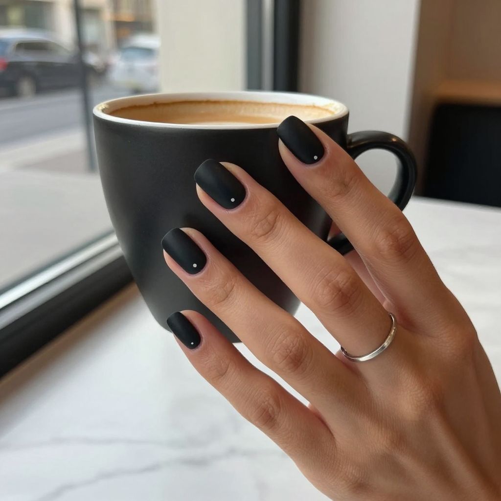 Matte black nails with tiny white dots
