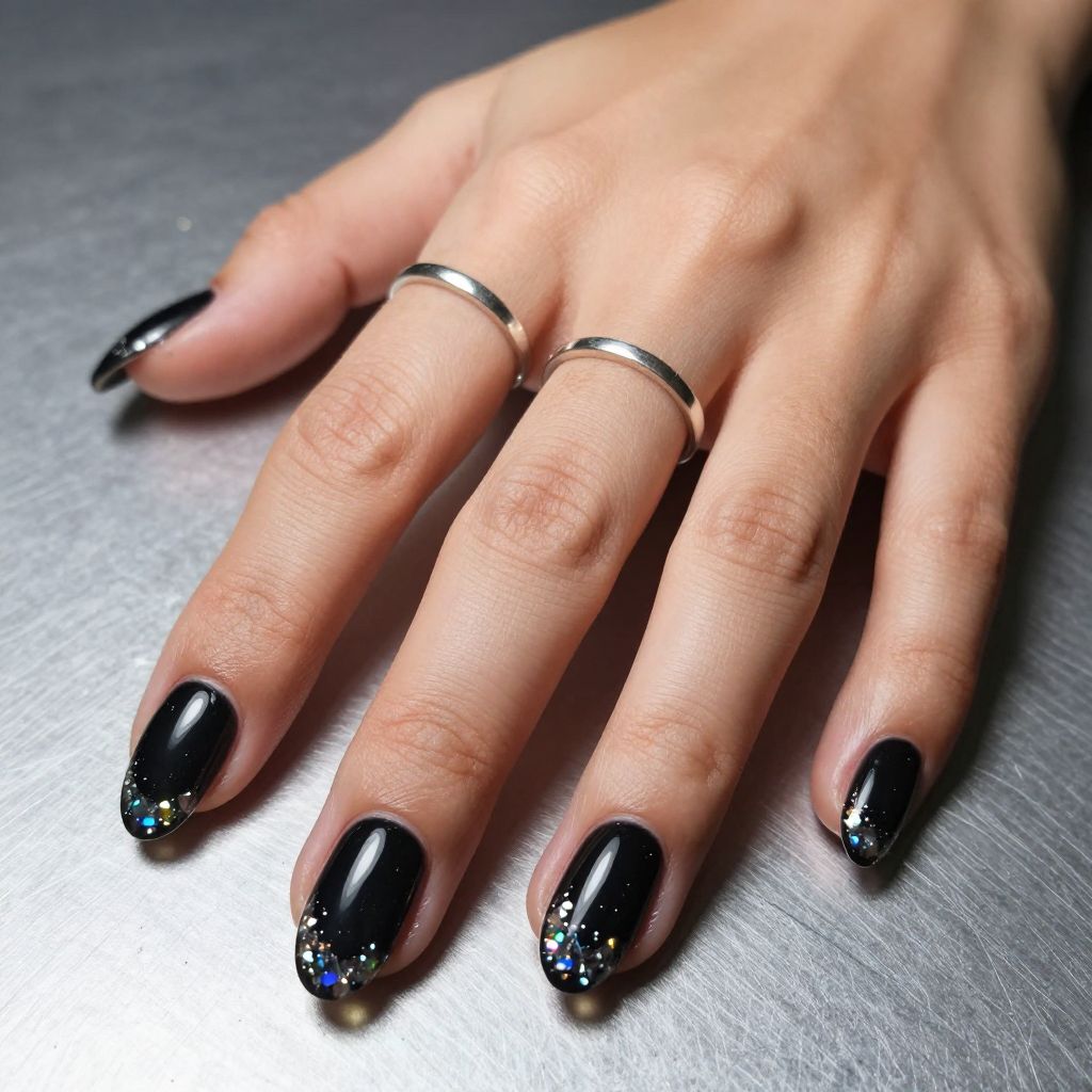 Black acrylic nails with holographic shatter tips