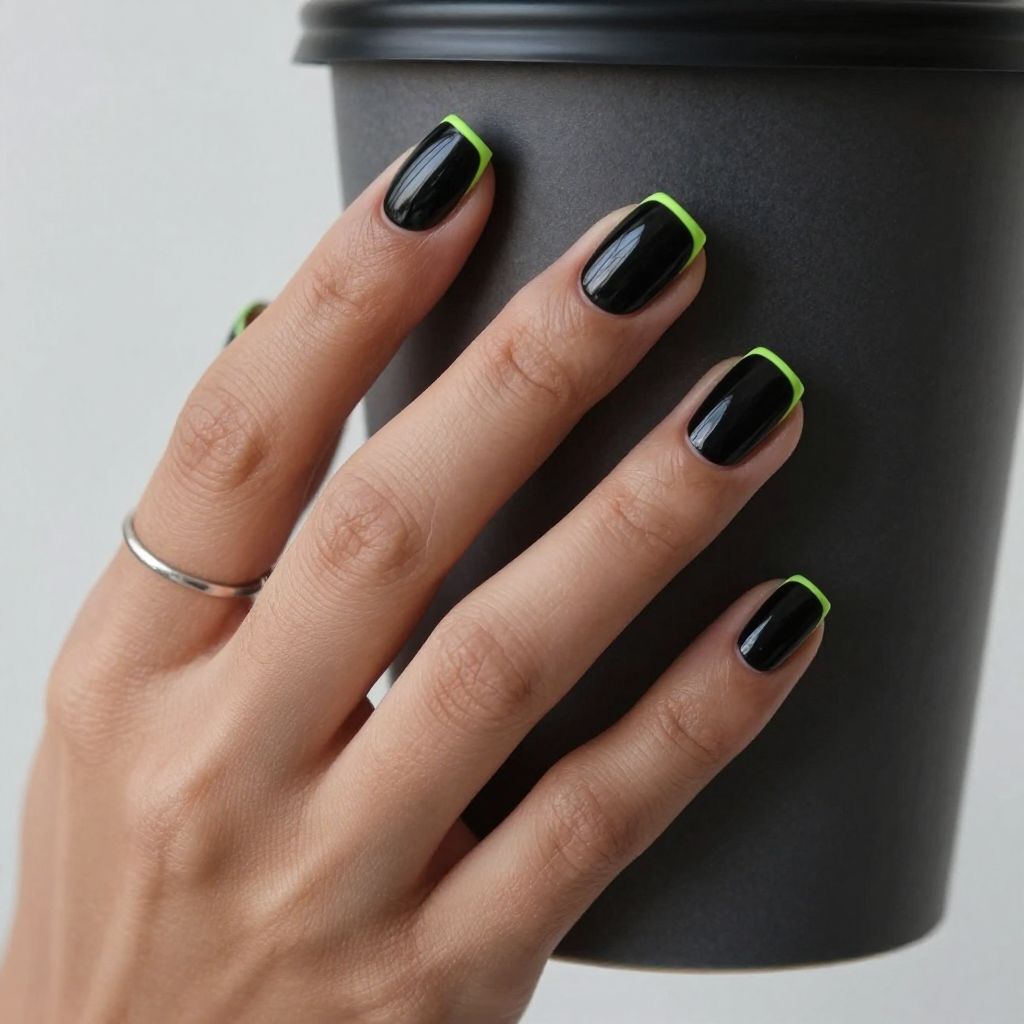 Black acrylic nails with neon green outline