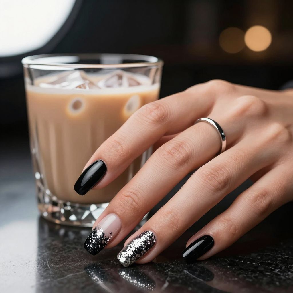 Black acrylic nails with chunky glitter tips