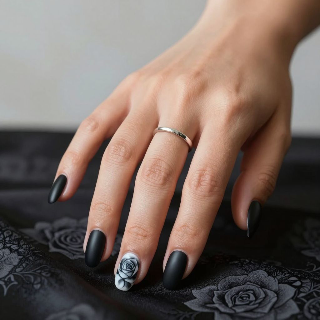 Matte black nails with hand painted rose art