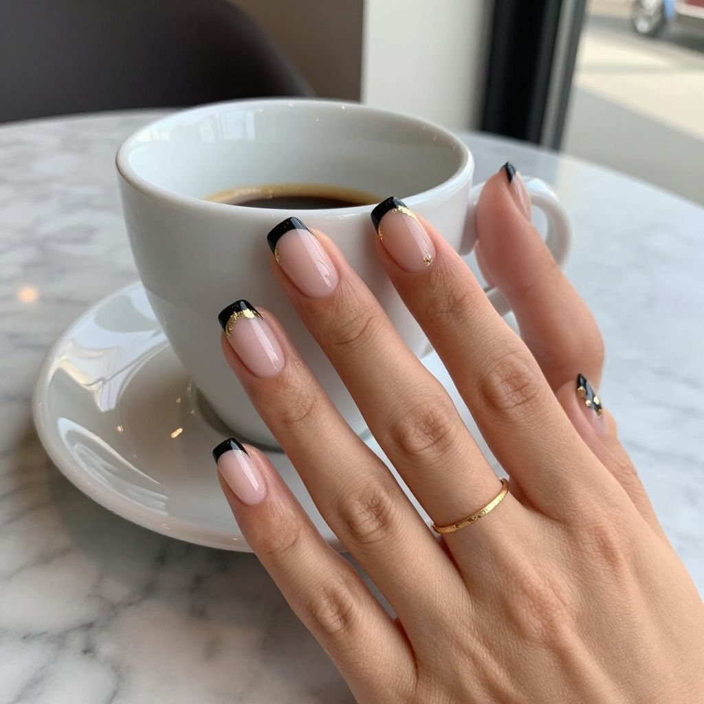 Black French tips with gold foil