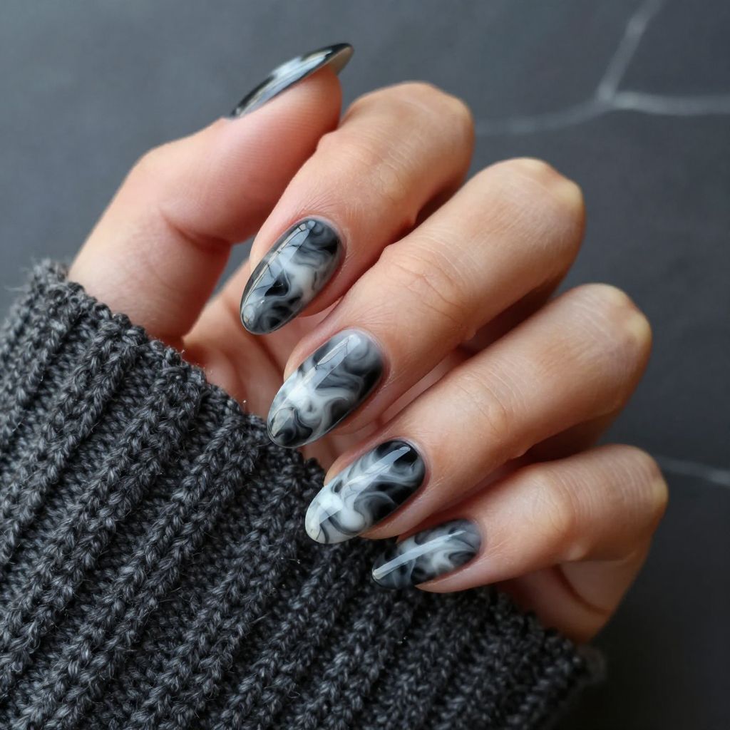 Smoky marble black almond nails